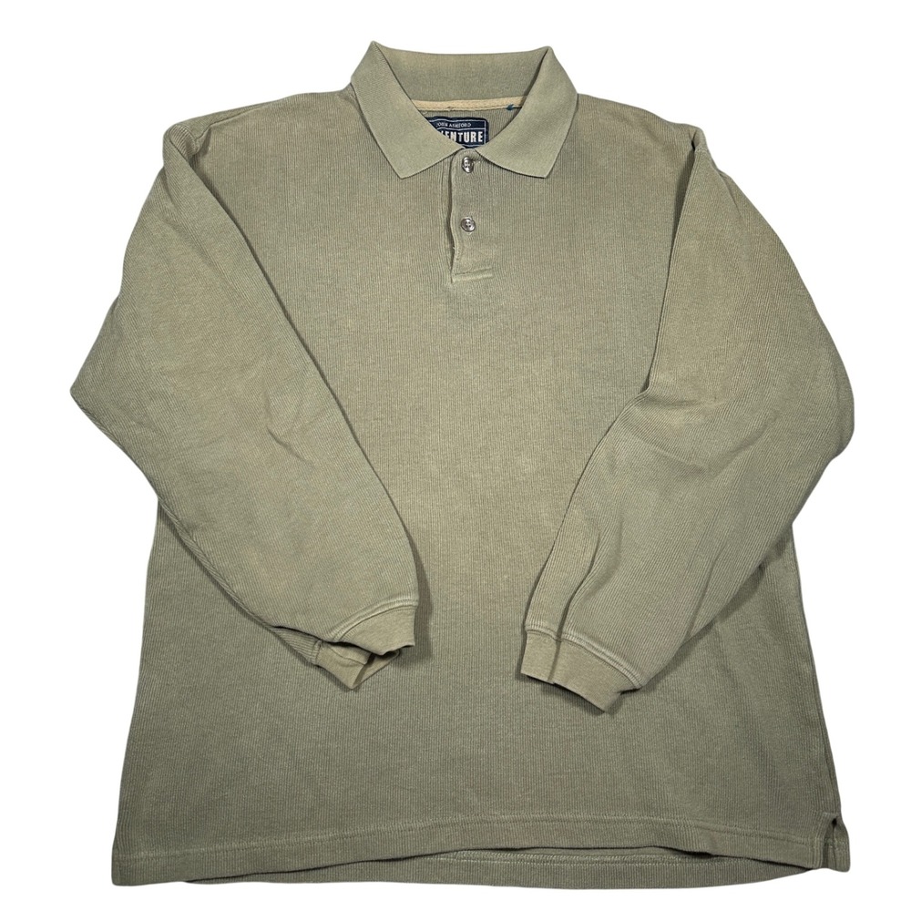 Vtg 90s John Ashford Adventure Long Sleeve Polo Shirt Olive Green Ribbed Knit L